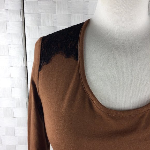 Talbots Brown Tee w/Black Lace,  3/4 Sleeves, P - Picture 3 of 7